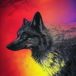 Black wolf with yellow and red