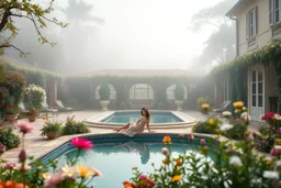 a luxury villa yard with pool in center and pretty plants trees flowers, morning mist, lost paradise atmosphere,a pretty model lady in victorian clothing resting in a comfort far in villa yard in flowers .