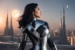 A slim Woman With Black shoulder length hair, Wearing a silver and black android-looking suit, standing sideways On a ledge of a building, with a moon Behind Her Head, towering spires and buildings highlighted by the setting sun