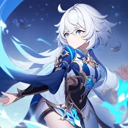 Genshin woman, Clear Focus High resolution, Calm Background, Light skinned woman, Black long beatiful hair, Dark blue sparkling eyes, Very Beatiful Face, Splash art, Battle Scene Epic, Spinning Pose