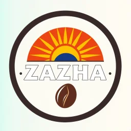 A circular logo with the name (ZAHA) designed for a cafe with the symbol of the sun and turquoise and indigo colors and a coffee bean.