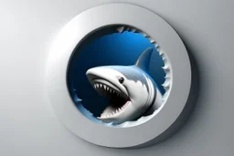 white,background,looking,through,a 3-d, hole,or,window,,a,seeing,shark