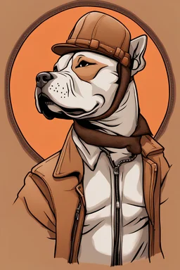 Cartoon side portrait of a pitbull dog, eyes closed, tan fur, trapper hat, flannel mouth, wearing punk leather jacket, orange background