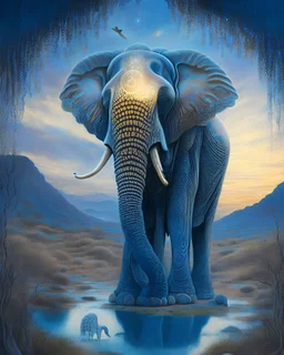 A serene portrayal of a wise old elephant, surrounded by a mystical, dreamlike landscape, in the style of visionary art, ethereal lighting, otherworldly elements, and a sense of calm and contemplation, inspired by the works of Alex Grey and Robert Venosa, inviting the viewer to meditate on the ancient wisdom of these gentle giants.