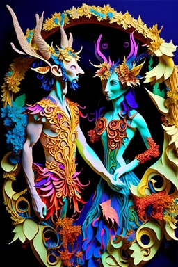 "Satyr Union"; surreal Satyr and Nymph couple wearing colorful Royal wedding attire made with quilling found in nature; Avant-garde