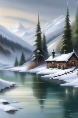 Winter mountain scene, river, cabin
