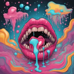 Surreal digital illustration of only a floating mouth that is puking out a psychedelic love spell, spilling from the large pair of cartoonist , overexaggerated lips, manga inspired, absurdist, postmodern, pastel color palette, fluid acrylic paint, epoxy resin , acrylic pour, unusual colors, trippy, gross, abstract, pulp fiction art style illustration, realvsx