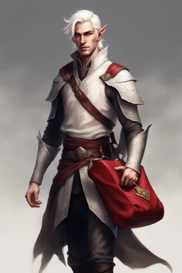 Handsome male Elven magistrate, 28 years old, with short white hair, carrying a little red saddlebag in both hands