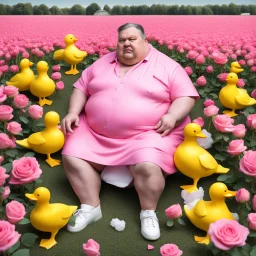 A fat man wearing a Balenciaga dress is sitting in a field of pink roses next to yellow plastic ducks and eating ice cream.