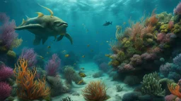 hyperrealistic 4k, sea from the movie aquaman, a lot of sea plants, and, sea animals, underwater