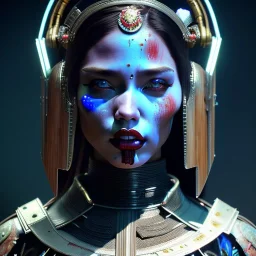 Latin woman, rounded face, blood, black, blue, silver, samurai helmet, decorative color feathers, retro, bamboo, leather, soft color, highly detailed, art stations, concept art, smooth, unreal engine 5, god rays, ray tracing, RTX, lumen lighting, ultra detail, volumetric lighting, 3d, finely drawn, high definition, high resolution.