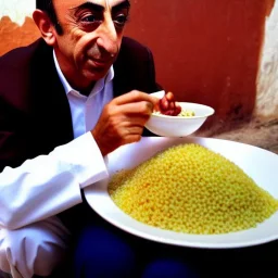 Zemmour, in jellaba, eating couscous