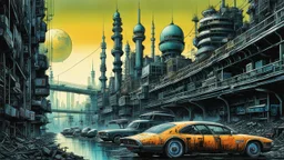 create a wildly conceptual illustration of a highly detailed irradiated, fetid, gaseous and decayed future Istanbul under a poisonous gloom utilizing asymmetric structural forms, in the sci fi art style of Don Maitz, , finely textured, drawn, colored, and inked