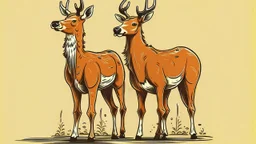 a simple comedic illustration of 2 deer, a female deer on the left with body facing left but is looking back to the right, while on the right is a male deer facing left with a look of mild excitement while he glancing at the other's butt, both have upward tails