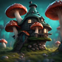 A funny floating mushroom house in space. neutral colors, black green blue, Detailed gloss Painting, rich color, fantastical, intricate detail, splash screen, hyperdetailed, insane depth, concept art, 8k resolution, trending on Artstation, Unreal Engine 5, color depth, dynamic lighting, splash art, dramatic, masterpiece, excellent quality beautiful Imaginative, unique,