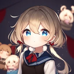 Clear focus, High resolution, rough line, half chibi, cute, cartoon, short blonde hair, hair between eyes, fluffy hair, blue eyes, wearing a sailor uniform, wearing a brown vest, baby, long locks, 1girl, red bow