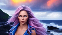 half body shot,realistic portrait of a 20-25 old femal model, long blue pink flowing hair, great grey eyes, blue leather jacket,full body, standing in rocky beach , very big ship, stormy sea with sunset ,clouds,god rays ,storm,rocky beach