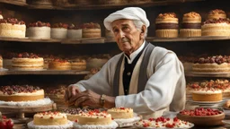 elderly male market trader selling many different types of cake, showing his head and upper body, perfect eyes, perfect anatomy, exquisite composition, beautiful detailed intricate detailed octane render, 8k artistic photography, photorealistic, soft natural volumetric cinematic perfect light, chiaroscuro, award-winning photograph, masterpiece, raphael, caravaggio, bouguereau