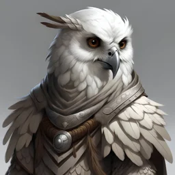 D&D character portrait, male owl human, grey feathers interspersed with white feathers