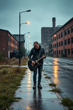 a very disappointed member with guitar case of a hard rock band who has been kicked out of a rehearsal space in Sweden, old factories style with bricks, deserted place overgrown plants and grass, he stands outside in the rain and cries, street lamps shining, raindrops, wind, empty roads and cycle paths next to it, really bad weather