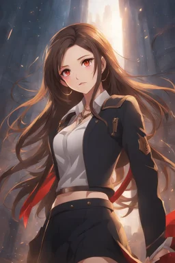 (masterpiece), (anime style), award winning, centered, looking toward camera, long brown hair, confident young woman, red eyes, intricately detailed modern setting, dynamic lighting, dynamic composition, ultra detailed, (epic composition, epic proportion), professional work, wearing casual clothes