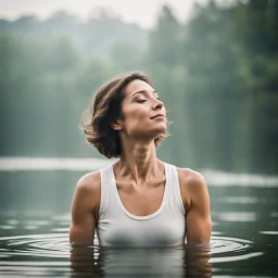 photography of a beautiful and happy woman, standing in lake water, eyes closed, meditation, white top, yoga flyer, brunette short wavy bob haircut, serenity, misty, relaxing image, white misty colors, foggy sunlight, high key