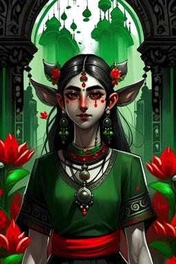 It's a girl in her 20s. She is one of the guards of the sacred temple. She has ears and tail like a ghost, they are very fluffy and black in color. Where the eyes are, there are red colored flowers drawn there. Her eyes are green and her hair color is black red and black and white. The girl has green lotus earrings hanging on her ears and a red ball hanging on the end of them. There are also arnamentations of autumn leaves on her skin. Her clothes are like a Chinese dress of black color, and the