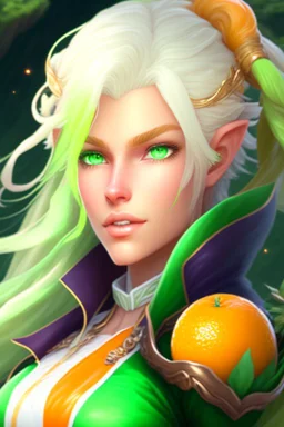 fantasy setting, woman ranger with orange and white hair, pastel green eyes, kind, soft facial traits