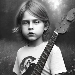 Mystery Kurt cobain toddler, full body, guitar, dramatique, art background, dramatic lighting, volumetric lighting, hyperrealisme, 8k, high quality, lot of details, fit within portrait, hyper realistic, unreal engine 5, uhd