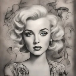 Postcard of marilyn monroe in the style of Margaret Keane, with doodles
