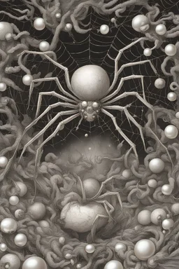 Pearls surround many imaginary spiders from all sides in a wonderful, harmonious scene