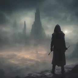Dark oriental Sinister alien landscape. A futuristic city in the distance. Dark mist. Dark hooded Man with The powers of a god. He is aiming pointing a glowing wand at the sky.