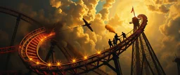 master oil painting by Rembrandt, roller coaster with some bad ass power oil platform cyber punk people experiencing gravity at its worst