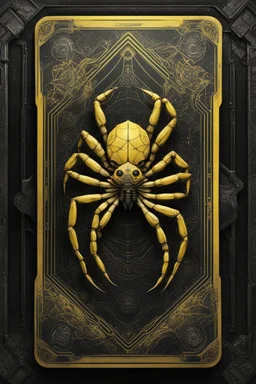 sacred geometry framed playing card, black and yellow death spider dragon crab boss card in the style of Giger and fallout 4 ,,bokeh like f/0.8, tilt-shift lens 8k, high detail, smooth render, down-light, unreal engine