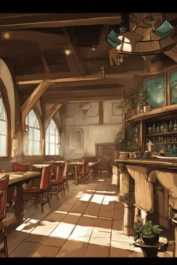 interior of a dnd tavern with people at round tables