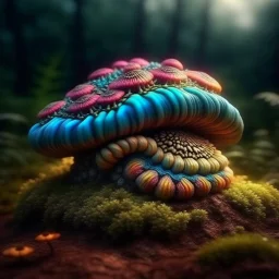 Fuzzy cute psychedelic caterpillar sitting on a forest floor mushroom, hyper realistic. psychedelic, baroque, photorealistic