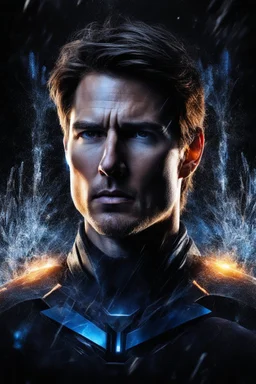 Tom Cruise facial portrait - pitch-black background with a blue glowing overhead spotlight effect, multicolored shards of ice, splashing water, prism effect, mosaic effect, time travel, space voyages, superheroes, moving really fast