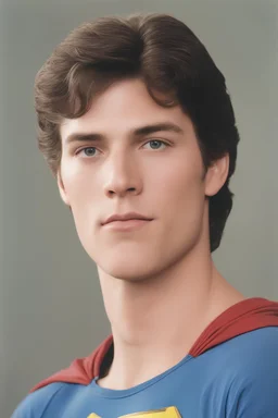 full color image, 1980's yearbook photo, teenager, Superman (Christopher Reeve), 14 years old, photorealistic, --ar 9:16 --style raw