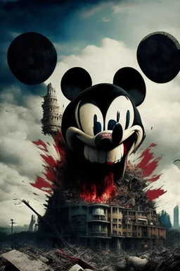 MICKEY MOUSE WITH ACCURATE EYES AS A HUGE GODZILLA DESTROYING BUILDINGS IN SOUTH AFFRICA