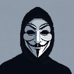 18 bit pixelart of a shadow figure with a white smooth wide smiling mask guy fawkes,