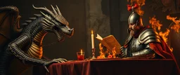 close up portrait painted by Rembrandt, dragon in chains and knights armor holding speech at burning dinner table