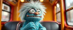 close up portrait of hairy fluffy polymer clay cute happy worried monster with realistic human colored and textured skin, and long sleek limbs and with studio lights, on the buss, talking to his aunt