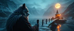 close up on a really old man werewolf facing huge gnome mage on frozen bridge pond, huge mountains and moon reflecting on pond, goa psy ambient in the style of vangelis and fsol, source vibrations, bokeh like f/0.8, tilt-shift lens 8k, high detail, smooth render, down-light, unreal engine, prize winning