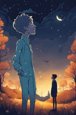 one non-binary person looking up to a tall ethereal person in a pasture at night during fall cartoon style sideview