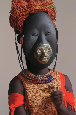 Portrait buxom African lady wearing a noh mask, full body shot, full-color medium shot, style of Japanese noh masks