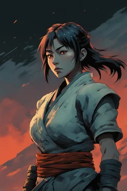 Original anime Japanese female kungfu warrior main character . Studio ghibli style mixed with Frank Frazetta. Mobius style background. Iconic character design. Dynamic silhouette . Unique features. Make the eyes the focal point. Dystopian sci-fi . Stone cold killer. Brilliant use of color theory and cinematic lighting. cubism style