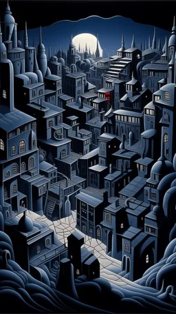 A purplish black city in a shadow realm painted by MC Escher