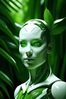 beautiful, white and green human android that looks like combination of James Bond and a tropical fern. Add a third eye in the center of the forehead