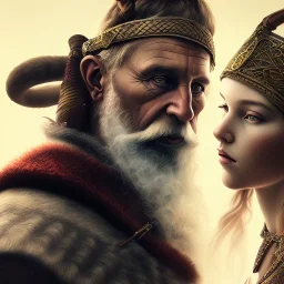 Viking theme, a younger woman sitting next to a 50-year-old man, portrait, 8K, close-up face, anatomically perfect face, Highly detailed stunning full frame portrait, misty and cloudy atmosphere