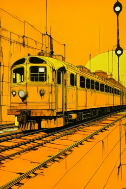 An orangish yellow clockwork station with a train painted by Andy Warhol